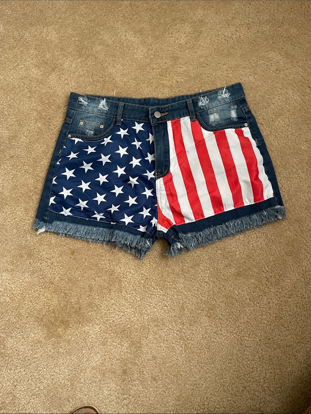 Denim Women’s High-Waist Shorts with American Flag Panel